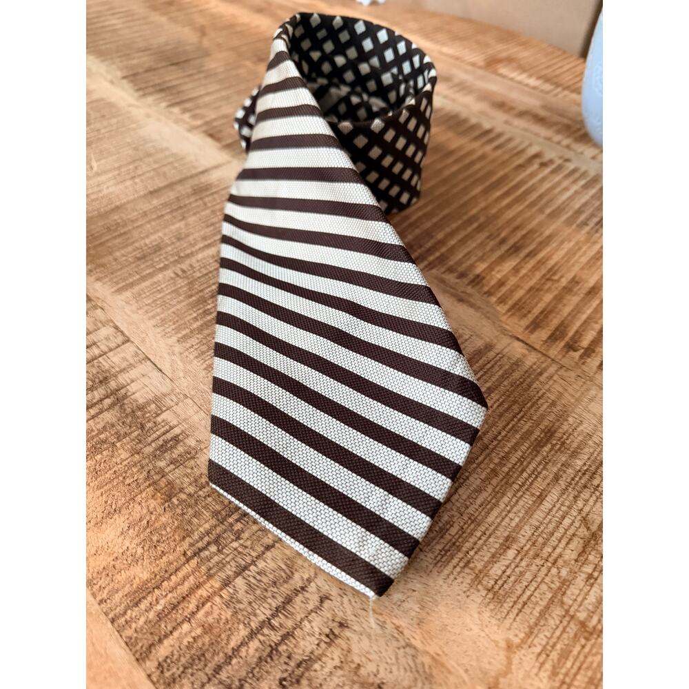 John Weitz Brown Beige Stripe Geometric Silk Tie Classic‎ Designer